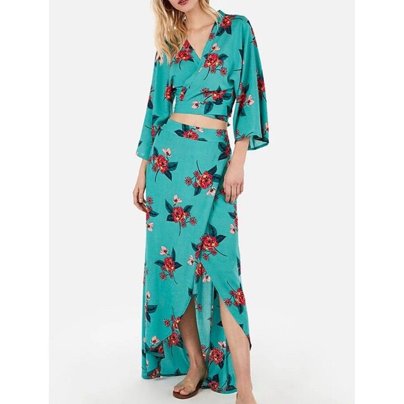 Express Floral Outfit Maxi Skirt Kimono Wrap Top Teal Rayon Womens Large New Tag - Picture 1 of 16